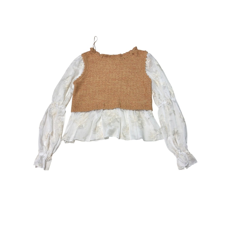 Anthropologie Mixed Media Knit Vest Floral Embroidered Sleeve Top Tan Womens XSP